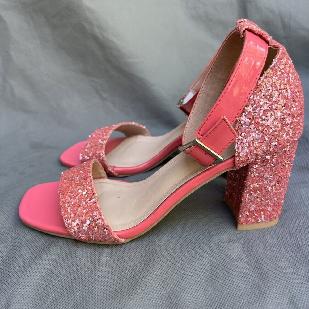 Bright Pink Glitter Block Heels Ankle Strap Open Toe Party Cocktail Sz 39 I 8.5